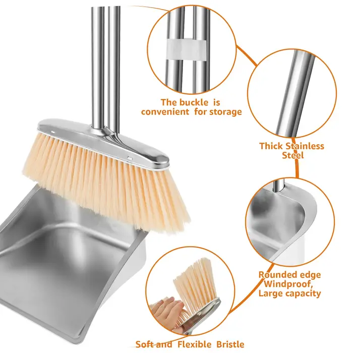 Ensemble balai et pelle à poussière en acier inoxydable