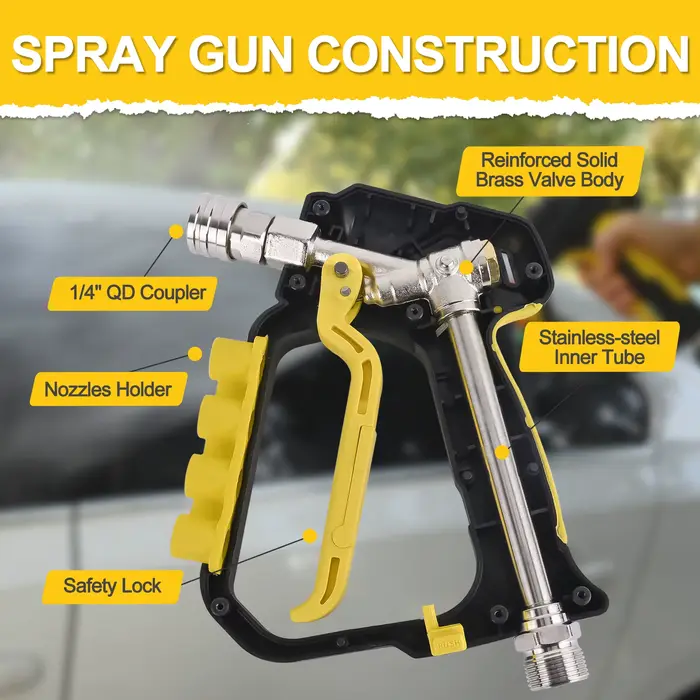 Nettoyeur haute pression Pistolet à jet court Max 5000 PSI avec entrée M22-ID14mm & sortie 1/4” Connecteur rapide & Porte-buses