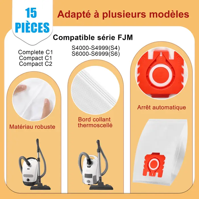 Paquet de 26 sacs d'aspirateur 3D Airclean FJM compatibles avec l'aspirateur Miele FJM
