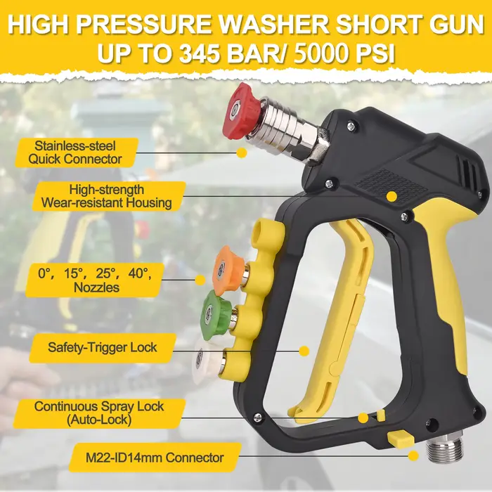 Nettoyeur haute pression Pistolet à jet court Max 5000 PSI avec entrée M22-ID14mm & sortie 1/4” Connecteur rapide & Porte-buses