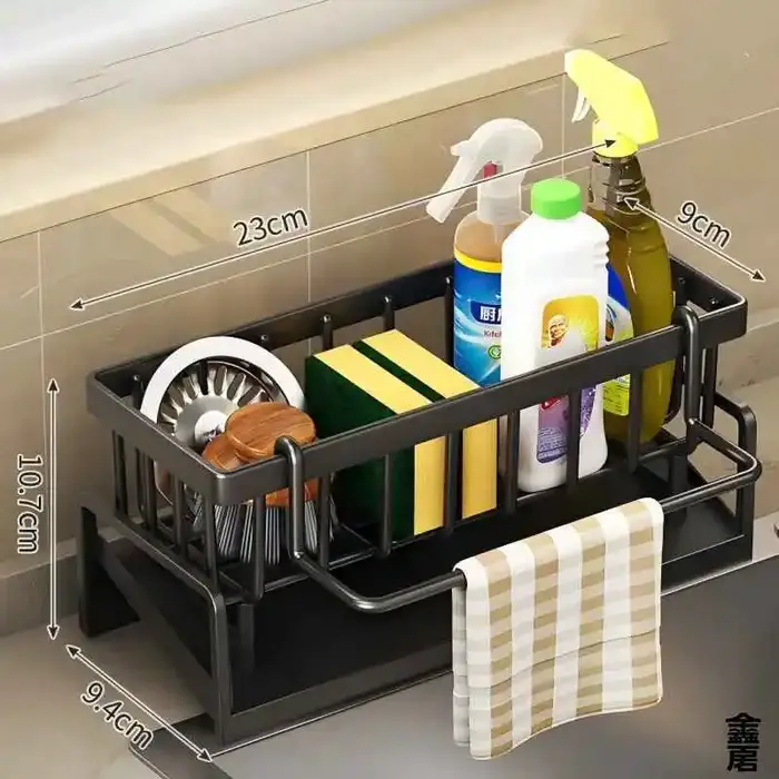 Étagère à épices compacte à fixer sur robinet – Organisateur d'évier avec égouttoir – Rangement de cuisine peu encombrant pour ustensiles/accessoires