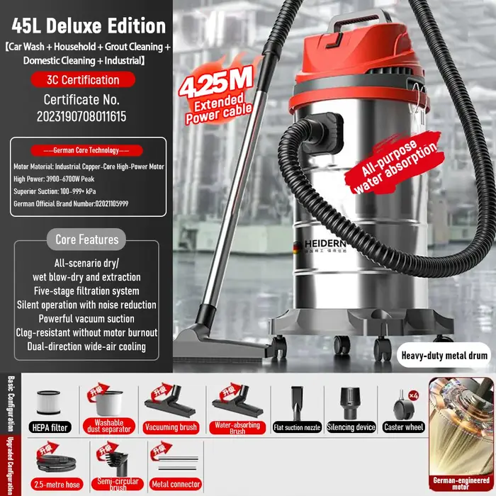 Aspirateur industriel humide/sec 30L/45L haute puissance pour lavage de voitures