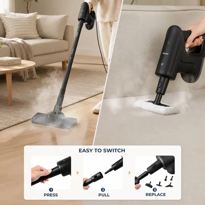 Nettoyeur vapeur léger, préchauffage rapide en 20 secondes, 135 ° Nettoyeur vapeur haute température C, câble de 5 m, réservoir amovible de 300 ml avec outils multifonctions