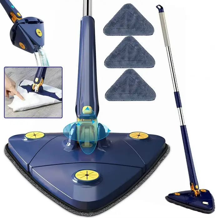 360 ° Vadrouille de nettoyage rotative et réglable, Triangle extensible, longue poignée, torsion manuelle, multifonction, microfibre, nettoyage humide et sec