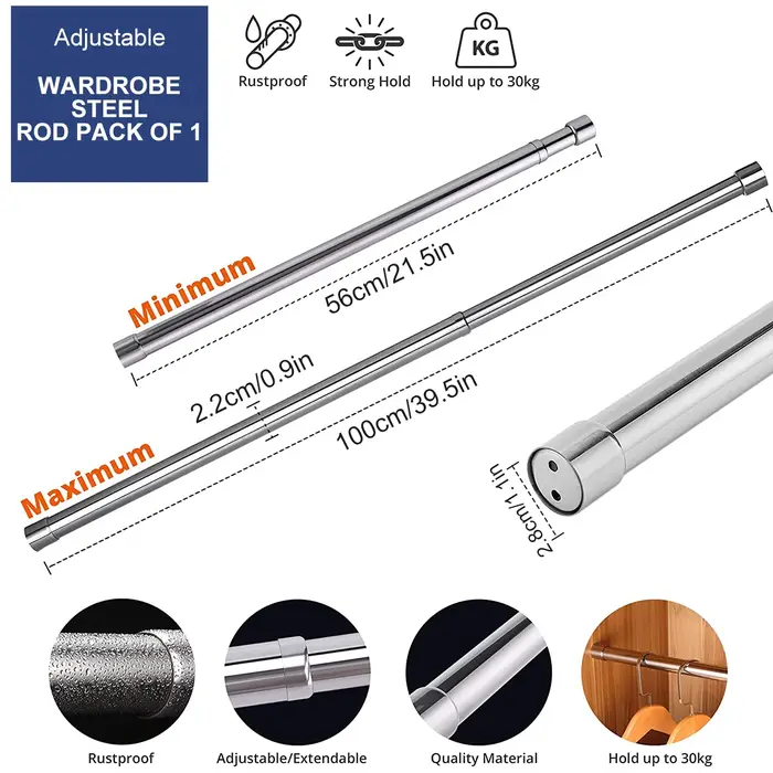 Rail de garde-robe Rail à vêtements extensible 56-100 cm tige à vêtements en acier inoxydable avec d