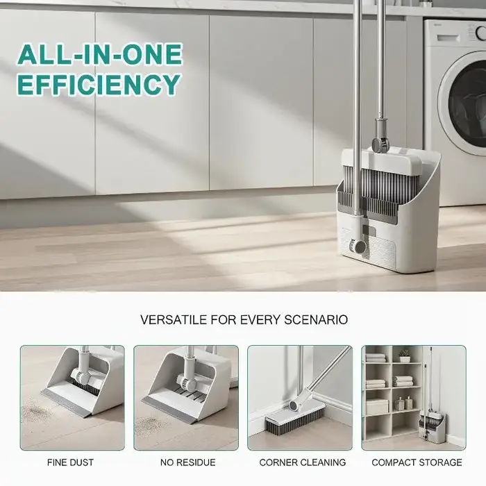 Nettoyage domestique simplifié avec un ensemble brosse à plancher et pelle à poussière 3 en 1 à long manche