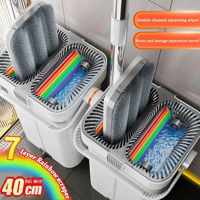 Ensemble serpillière et seau mains libres pour sols plats