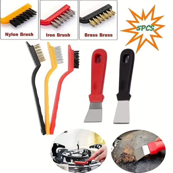 Ensemble de 5 brosses de nettoyage de cuisine avec grattoir à gaz et brosse métallique pour l'élimination de l'huile et de la saleté sur hotte et des plaques de cuisson