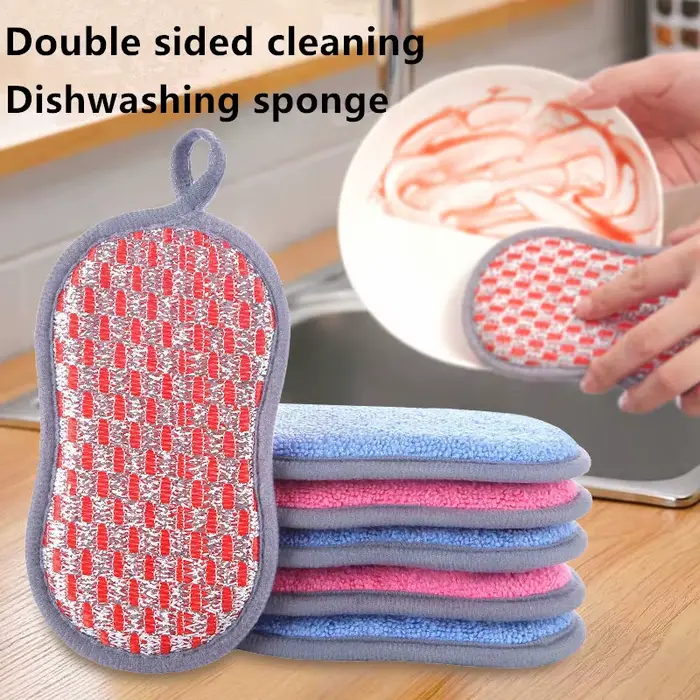 Éponge de nettoyage de cuisine Double face, éponges pour la vaisselle, tampon à récurer, chiffon à v