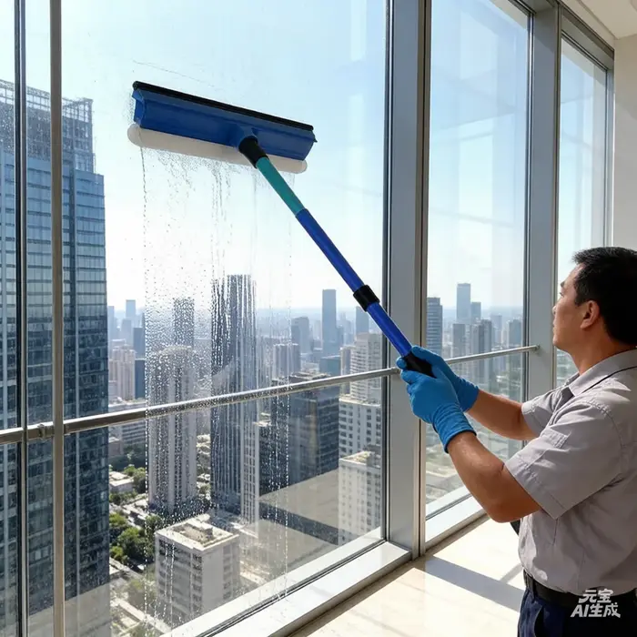 Nettoyeur de vitres télescopique 2-en-1 avec brosse éponge à long manche et raclette pour un nettoya