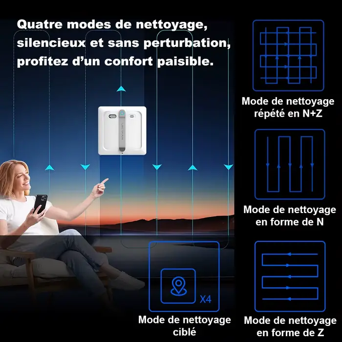 Robot lave-vitres Liectroux S9, 2 brosses rotatives, pulvérisation pompe 6 buses, moteur sans balais, aspiration 10000Pa, 4 brosses d’angle,vitres sans cadre, 8 microrupteurs, appli & télécommande, al