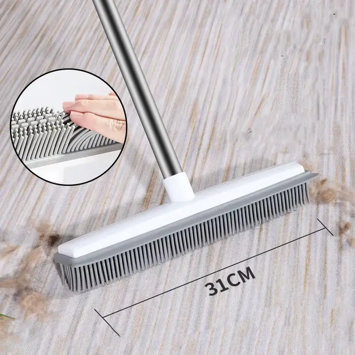 Balai en caoutchouc pour tapis, râteau avec raclette, manche Long pour poils d'animaux, dissolvant d
