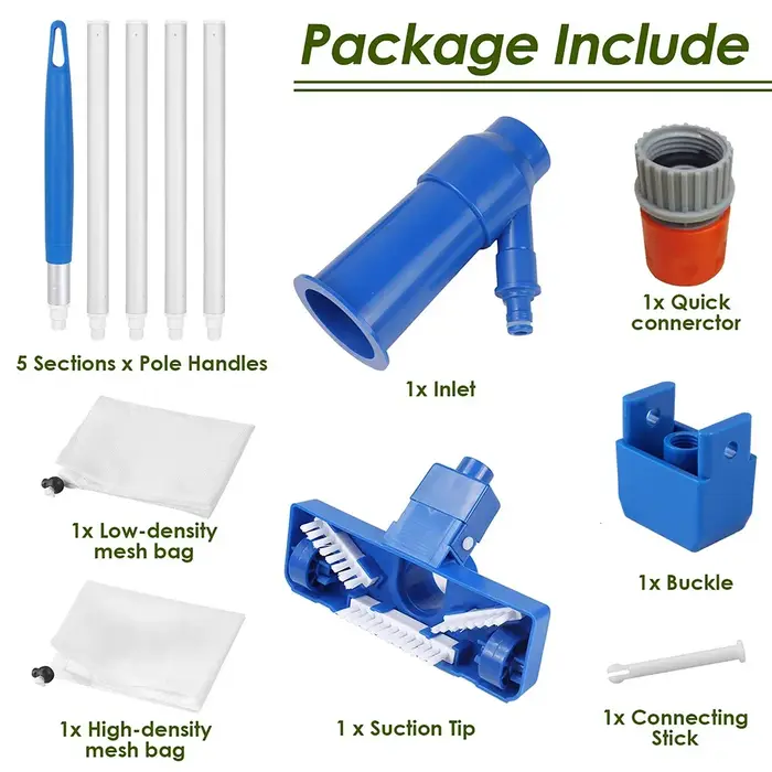 Kit de nettoyage de bassin portable professionnel avec brosse, poignée, tête d'aspiration désinfectante et filet filtrant pour piscine