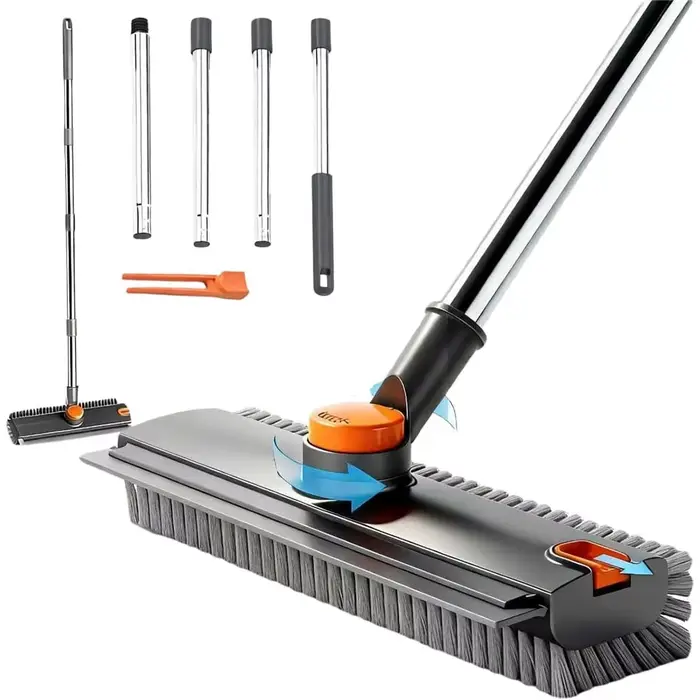 Brosse de nettoyage de sol avec long manche, brosse à poils rigides 3 en 1 pour gratter et nettoyer