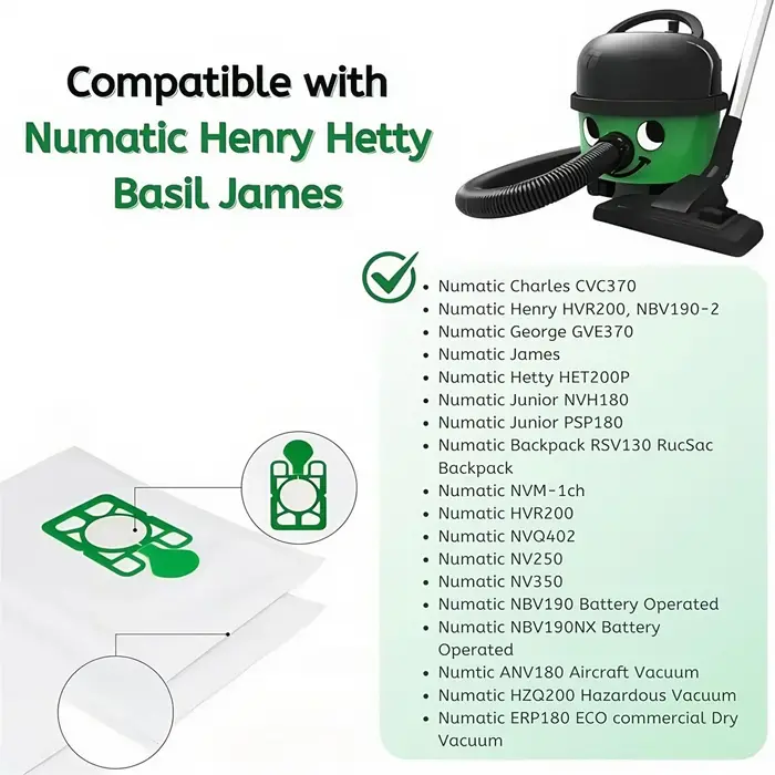 Sacs d'aspirateur compatibles pour Numatic Henry Micro Hetty HET200A Harry HHR200A