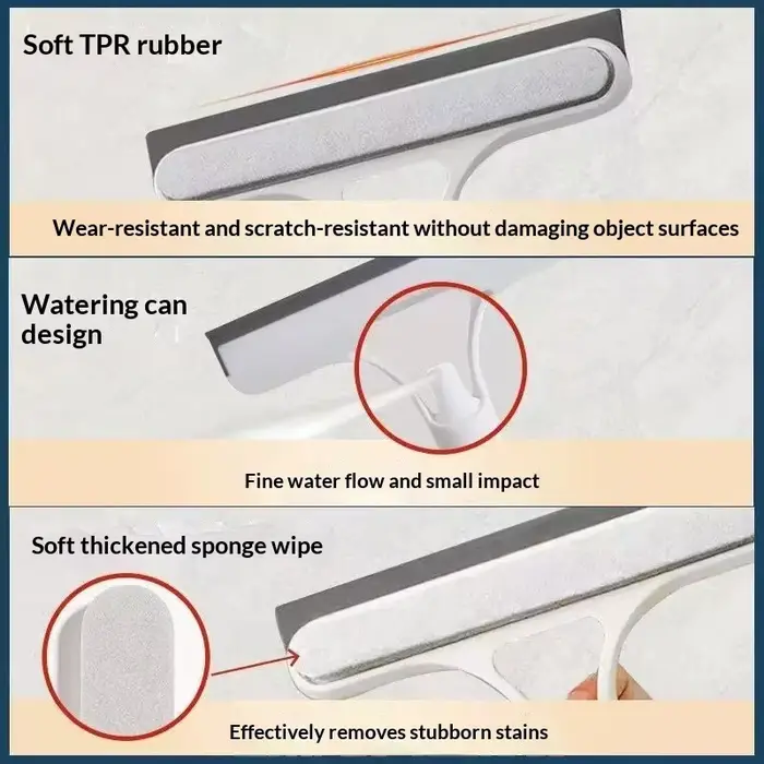 Un nettoyant pour vitres 3-en-1. Comprend une tête de brosse double face et un grattoir
