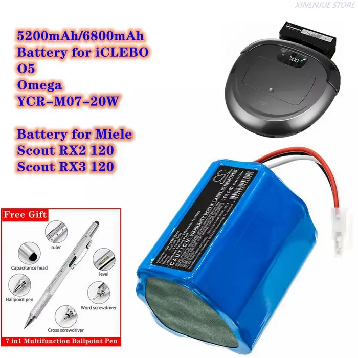 Robot aspirateur batterie 5200mAh/6800mAh YCR-MT12-S1 pour iCLEBO Omega O5, YCR-M07-20W, pour Miele Scout RX2 120,Scout RX3 120