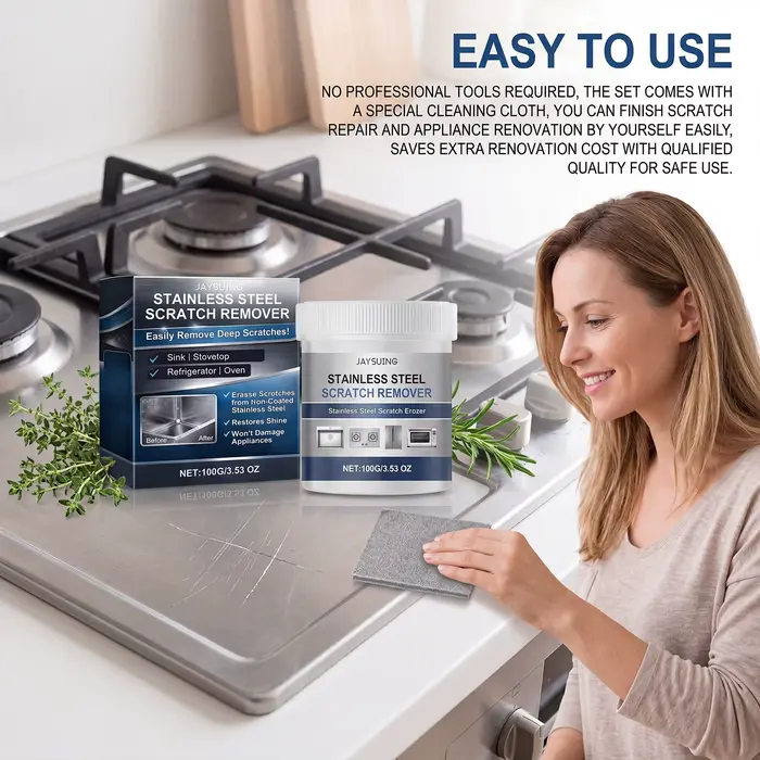 Kit de nettoyage et de réparation pour acier inoxydable 100g avec serviette – Nettoyant et polisseur pour évier et cuisinière – Produit d'entretien et de restauration pour cuisine