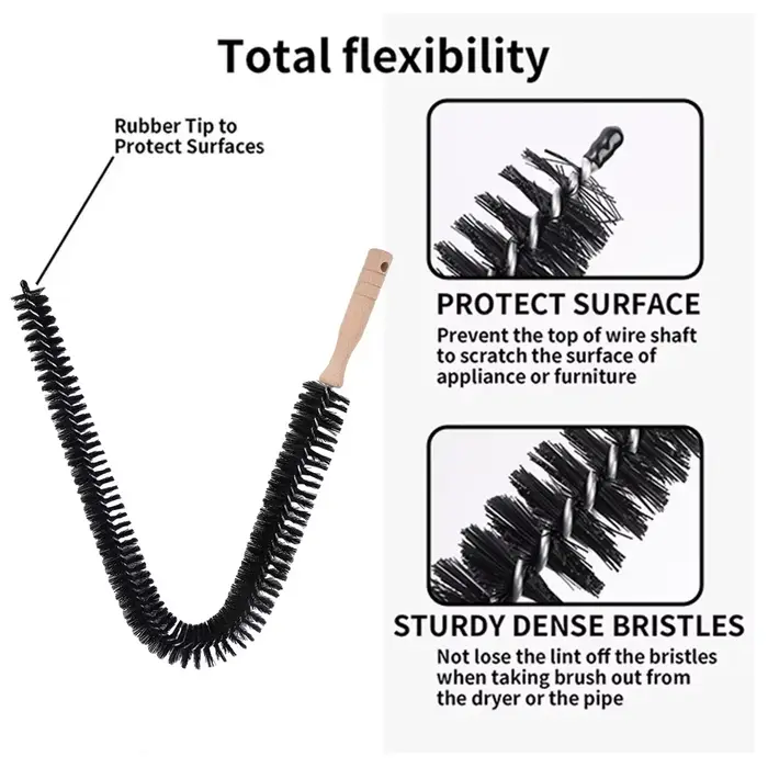 Brosse d'évent de sèche-linge Flexible avec manche en bois pour enlever les peluches