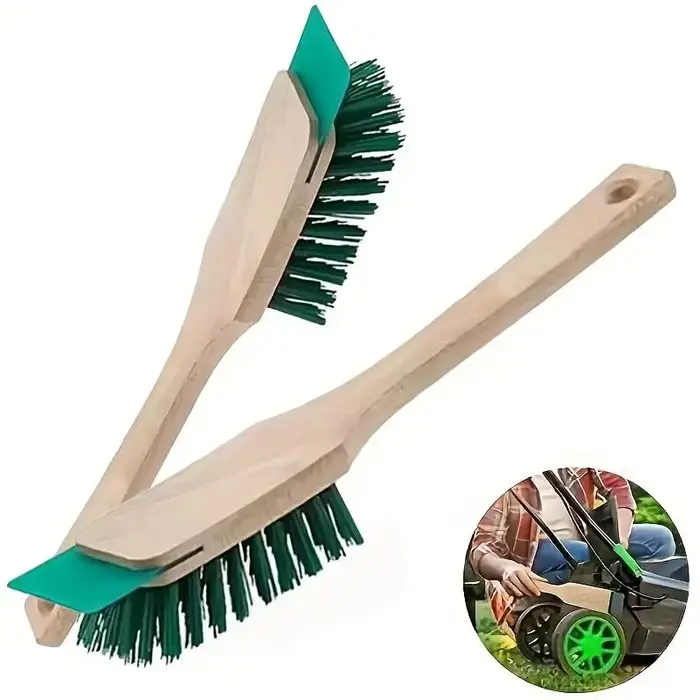 Brosse de nettoyage ergonomique robuste pour tondeuse à gazon avec poils rigides et manche en bois – Grattoir efficace pour l'entretien du jardin