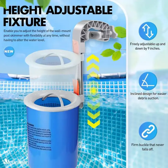 Écumoire de piscine mural flottant auto avec support réglable panier d'écumoire amovible pour débris