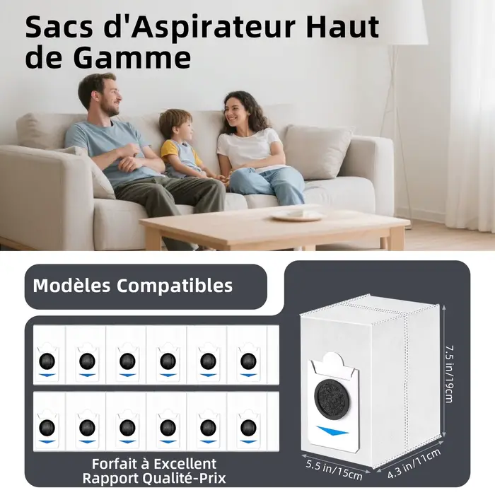 Paquet de 12 sacs à poussière compatibles uniquement avec l'aspirateur Robot complet ECOVACS DEEBOT X2 COMBO / T30S