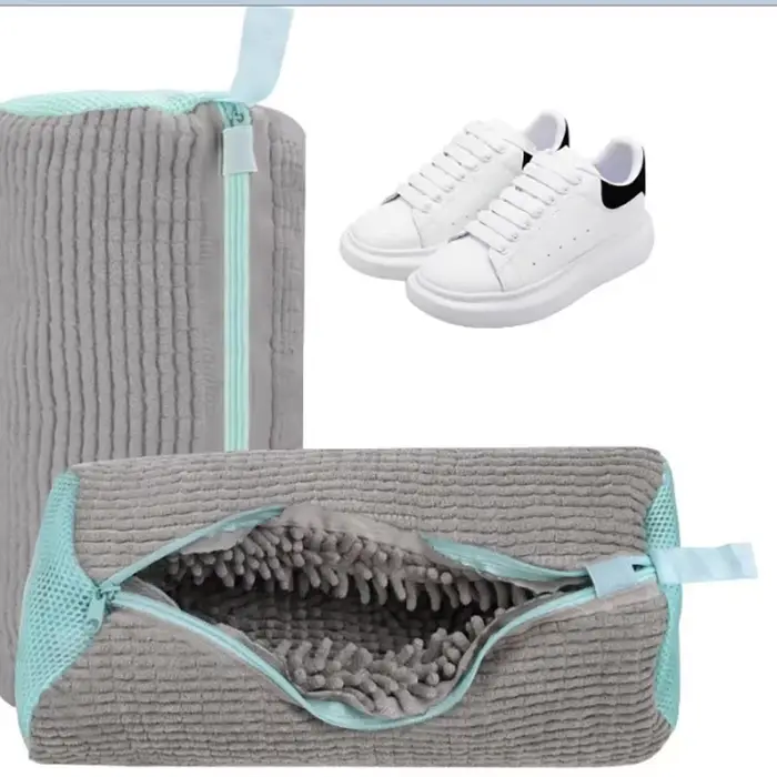 Sac de lavage de chaussures en fibre moelleuse 360 degrés en polyester réutilisable pour nettoyage en machine protection durable et style moderne