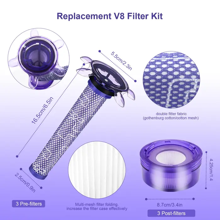 3 pré-filtres + 3 post-filtres HEPA + 1 brosse pour aspirateur Dyson V8 V7