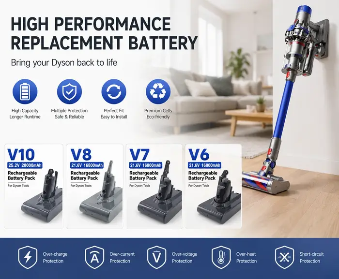 Batterie Li-ion rechargeable pour aspirateur Dyson V6 V7 V8 V10 21.6V 25.2V Haute capacité Compatible avec les outils Dyson