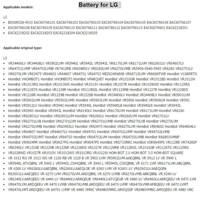 Batterie d'aspirateur robot 3400 mAh pour LG EAC 62218202 VR6260LVM VR5906-5940-5943 VR6340LV VR66713LVM VR6694TWR