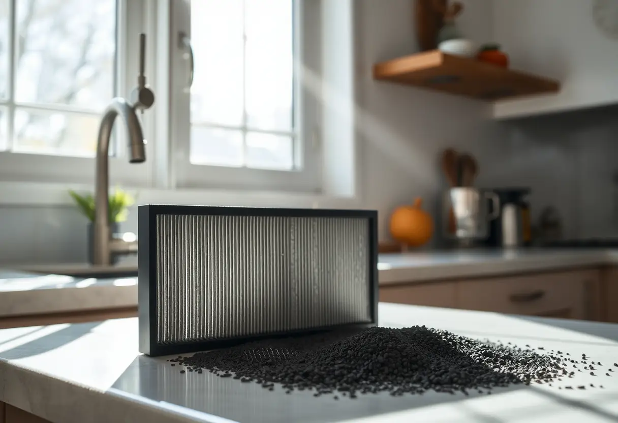 Un filtre à charbon actif sur un plan de travail dans une cuisine bien éclairée