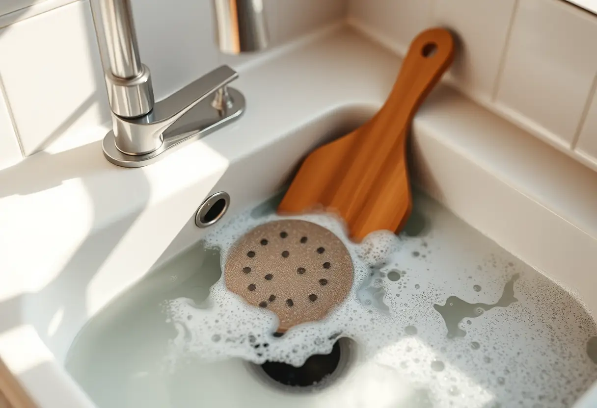 Égouttoir et baignoire remplis d'eau savonneuse